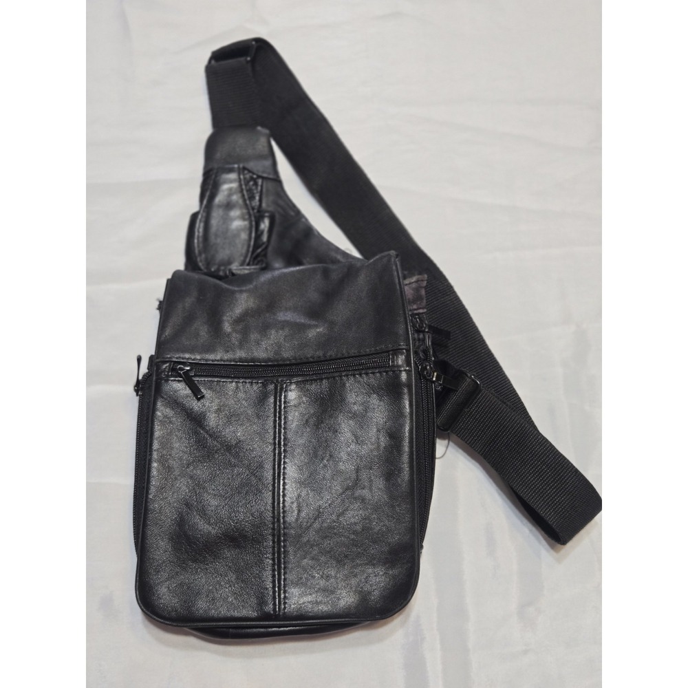 Vtg DB Designs Genuine Leather Crossbody Organizer Sling Bag Unisex Travel Black